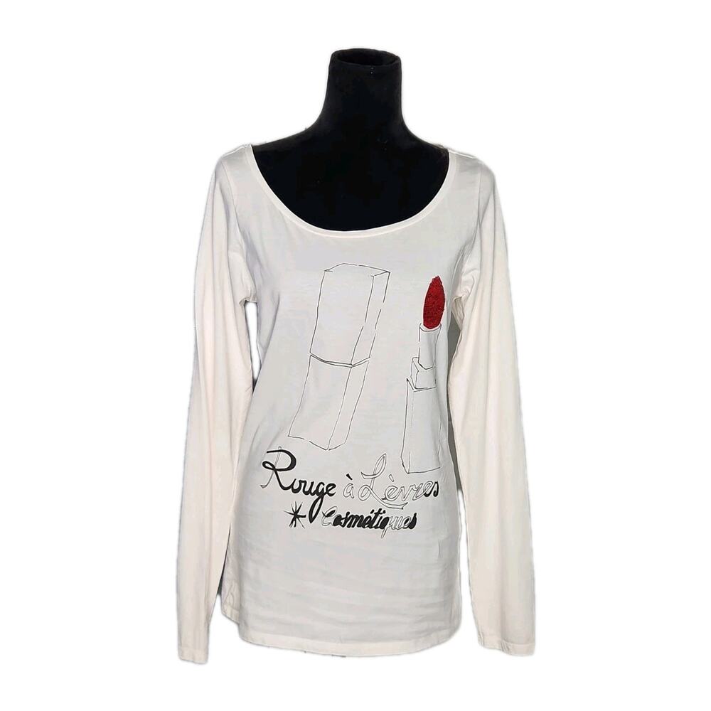 Maison Scotch White Scoop Neck Long Sleeve Graphic Print Top Sequins Size 3 US 8